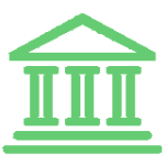 Mint green classical building icon with columns. Symbol for government, banking, law, and education institutions.