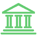 Mint green classical building icon with columns. Symbol for government, banking, law, and education institutions.