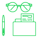 Due diligence icon: Eyeglasses and document for thorough investigation of risks and compliance