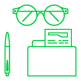 Due diligence icon: Eyeglasses and document for thorough investigation of risks and compliance
