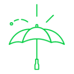 Neon green umbrella icon with splashing rain. Symbol of protection, insurance, and digital security.