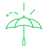 Neon green umbrella icon with splashing rain. Symbol of protection, insurance, and digital security.